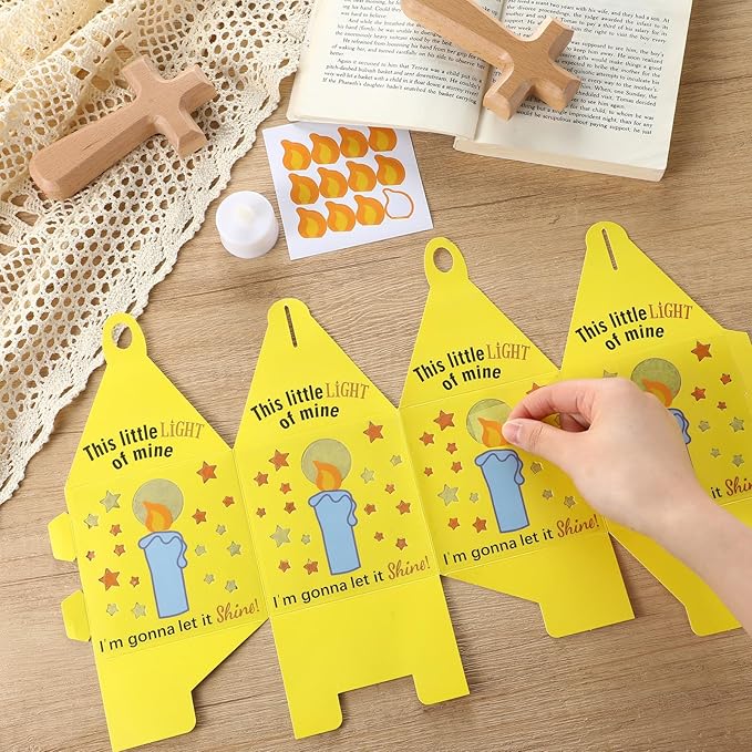 24 Sets Religious Easter Crafts with LED Candle Light Tissue Paper Light of Mine Lanterns Craft Kits DIY VBS Christ Suncatchers Lanterns Hanging for Easter Sunday School Christian Decoration