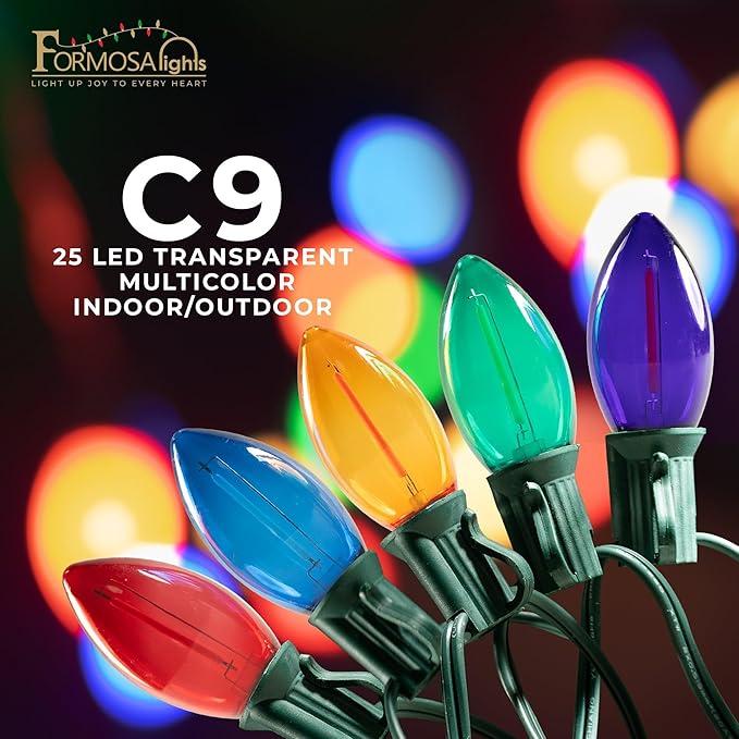 C9 26ft Indoor/Outdoor Transparent Multicolor LED Christmas String Lights with 25 Bulbs and E17 Base | 120V, 0.6W