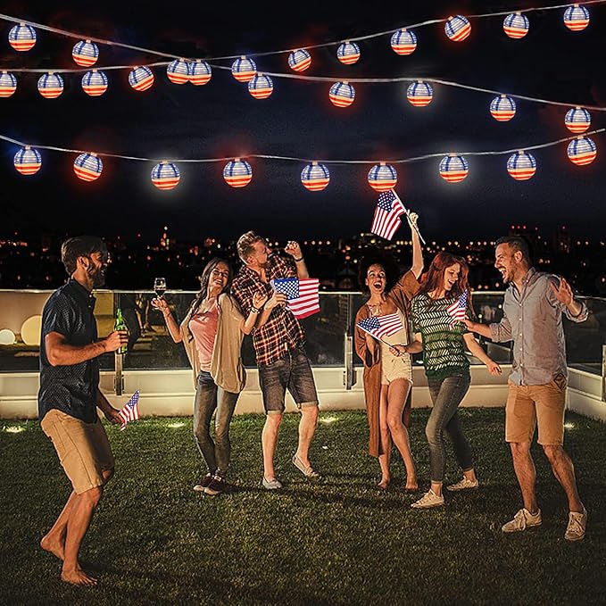 8.5Ft American Flag Lanterns String Lights Outdoor, 4th of July Decorations with 10 Nylon Mini Lanterns, Connectable Plug-in Red White Blue Lights for Independence Day Memorial Patriotic Party