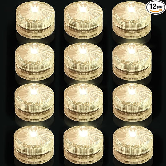 Submersible LED Lights, Warm White Waterproof Flameless Candle Tealights, Battery Operated Underwater Pool Lights for Vases Table Centerpieces Weddings Party Halloween Christmas Decor,12 Pack