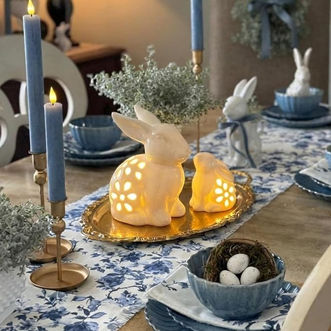 2 Pcs Easter Decorations LED Lighted Ceramic Bunny Figurines Light Up Bunny Statue with Cutouts Mother and Baby Rabbit Decor, White Easter Spring Home Decor for Tabletop Centerpiece Gifts