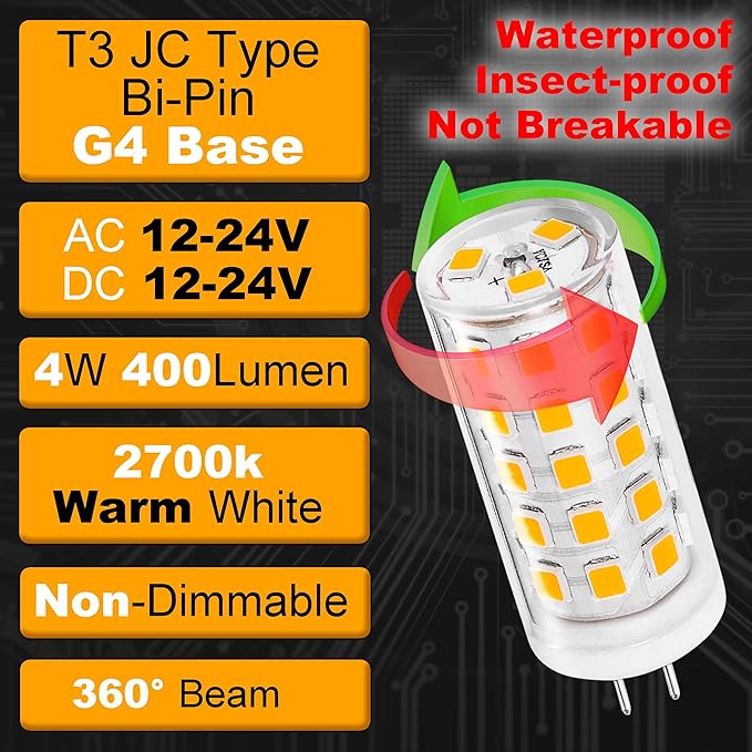 T3 G4 LED Landscape Bulb 2700K Warm White 400lm 30W-40W Halogen Bi-Pin T3 JC Type G4 4W AC/DC 12V-24V for Outdoor Stair Step Deck Path Lawn Lights Chandelier Under Cabinet Lighting, 8 Pack