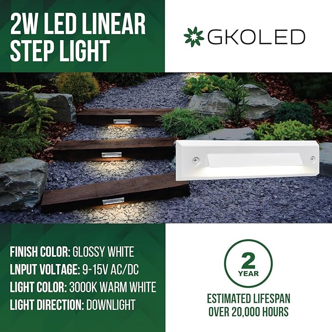 GKOLED 6 Pack LED Low Voltage Stair Lights, Linear Shape Cutoff Outdoor Step Lights, Landscape Lighting, 2W 9-15V AC/DC 3000K Waterproof Accent Deck Lights, Die-cast Aluminum, Glossy White