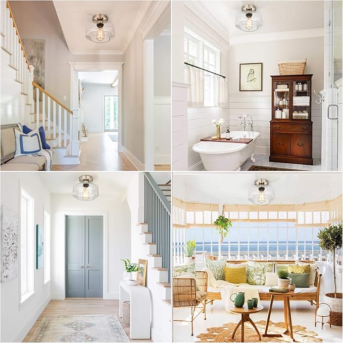 SunRider Semi Flush Mount Ceiling Light Fixtures, Brushed Nickel Industrial Seeded Glass Lamp, Silver Ceiling Light for Kitchen Hallway Porch Bedroom