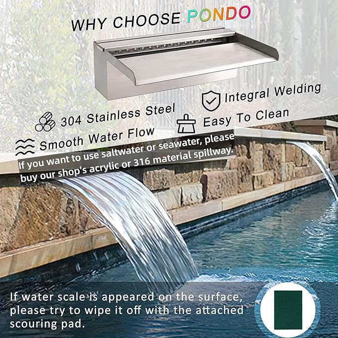 12'' APP Control Pool Waterfall with RGB LED Lights, Stainless Steel Pond Fountain Set for Outdoor Decorations, Patio Waterfall Spillway Kit w/16 Color Changing, Easy Install