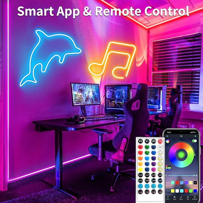 32.8ft LED Neon Strip Light with Remote APP Control IP65 Waterproof Flexible neon LED Rope Lights 24V RGB neon LED Lights for Bedroom Room Outdoors Décor