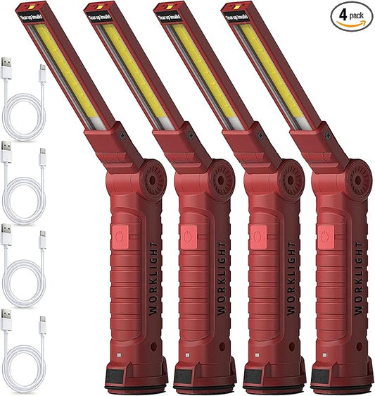 Rechargeable Work Light Flashlight, Easter Gifts for Men Him Dad Husband Mechanic Birthday Torch Grill Light Inspection Lamp with Magnetic Base Hook, 5 Modes 360° Rotate Car Emergency Repair 4 Pack