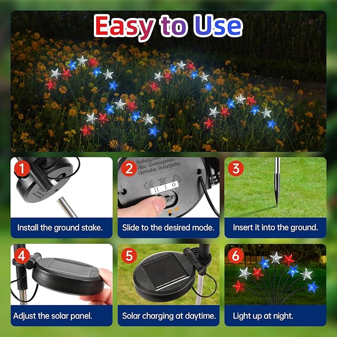 Lewondr 4th of July Decorations Solar Garden Lights, Fourth of July Red White and Blue Light Solar Lights Outdoor, Waterproof Patriotic Decor with 9 LED 2 Lighting Modes for Independence Day, 4 Pack