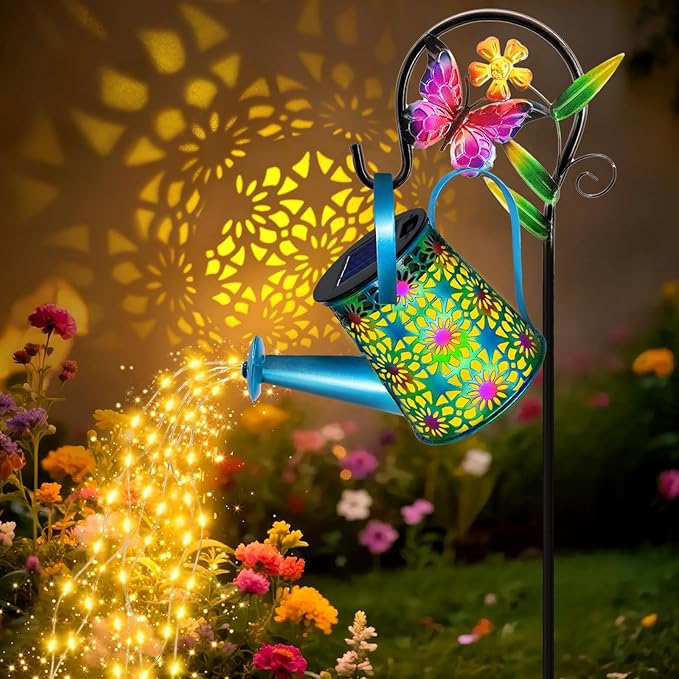 Solar Lights Outdoor Decorative, Blue Metal Solar Watering Can Lights Waterproof, Gifts for Women Mom Grandma Birthday, Hanging Lantern Decoration Garden Decor Yard Light for Outside Patio Lawn Porch