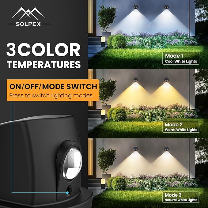 SOLPEX Solar Lights Outdoor Waterproof IP65, Solar Stair Lights Outdoor for Fence, Deck, Step, Dual Color LED 3 Lighting Modes House Wall Light for Porch, Backyard, Fence, Garden Decor-6 Pack