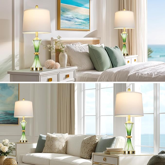 Green Glass Table Lamp Set of 2 with USB C+A Ports & AC Outlet, Bedside Lamp, Modern Bedroom Lamps, Coastal Lamp for Night Stands Bedroom Living Room,Nightstand Lamp LED Bulbs Included