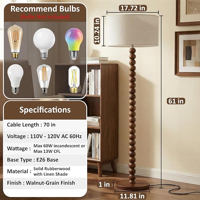 Buruis 61" Beaded Wood Floor Lamp with 17.2" Large Linen Shade, UL Listed, Retro Mid-Century Accent Walnut Finish Standing Lamp for Living Room, Bedroom, Office, Corner, Cream