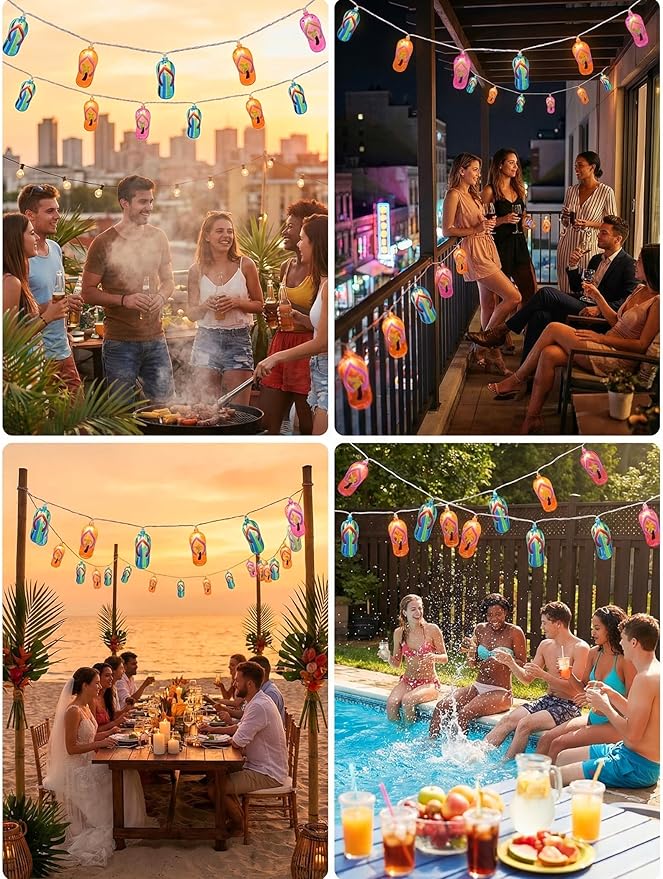 Multicolor Beach Flip Flop String Lights, 8.5Ft Beach Themed Outdoor Party Lights with 10 Multicolor Slipper Lights, Summer Ocean Decorations String Lights for Bedroom Camping Decks Party Lighting