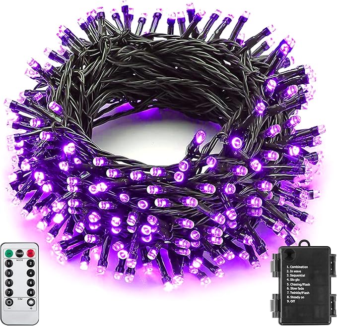 Halloween Purple String Lights Outdoor 33Ft 100LED Battery Operated Fairy Lights with Waterproof Remote Timer String Lights for Hanging Garden Party Holiday Halloween Décor