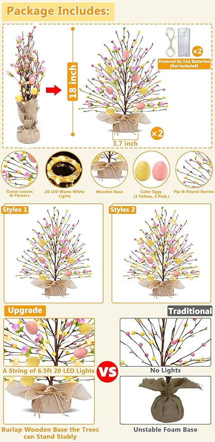 2 Pack & Timer - Easter Decorations, 18 Inch Lighted Easter Tree Tabletop with 20 LED Warm White Lights Pastel Eggs Floral Berries Battery Operated Easter Egg Tree Home Indoor Table Party Spring Decor