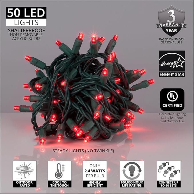 Wintergreen Lighting 50 5mm LED Red Christmas Lights, 6 Spacing, 25' Valentines Day Holiday Lights Mini Lights LED String Lights Christmas String Lights