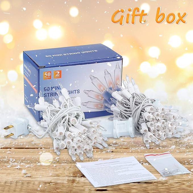Hopolon Clear Christmas Lights Set,2Pack 50Count 13Feet Incandescent Bulb Mini String Lights with White Wire for Indoor Christmas Tree Garland Birthday Wedding Party Festival Decoration,Warm White