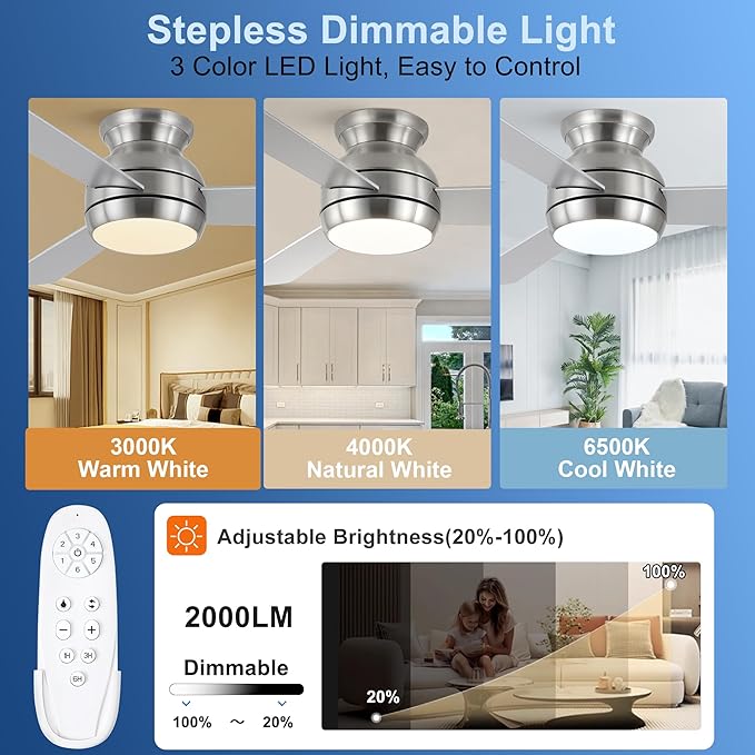 42 Inch Ceiling Fans with Lights and Remote, Brushed Nickel Low Profile Ceiling Fan with Light, Flush Mount, Reversible, 6 Speeds, 3CCT Dimmable, Bedroom Indoor/Outdoor Patios Use