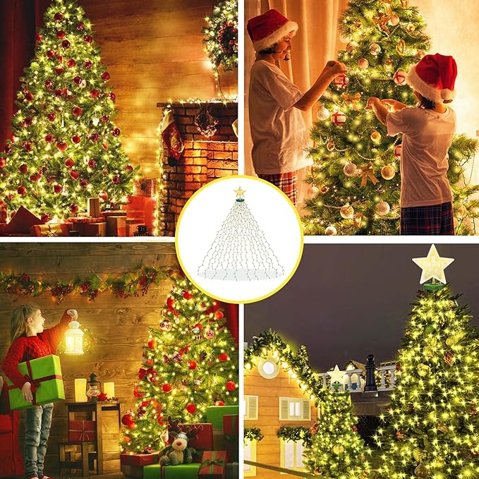 Aneeway Tree Lights with Star Toppers, 410 LED Christmas Lights, 8 Modes & Memory Function, 6.6FT x 16 String Lights, Remote Control & Timing for Ornaments - Warm White