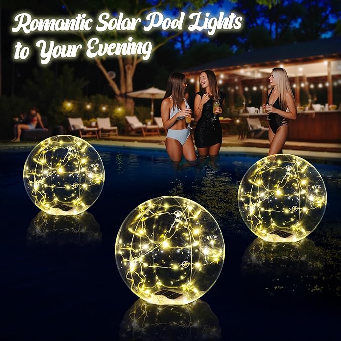 Floating Pool Lights, 15 Inch Warm White Solar Pool Light That Float, IP68 Waterproof Inflatable Light Up Pool Balls, Float or Hang Solar Floating Lights for Pool, Wedding, Party Decor - 2PC