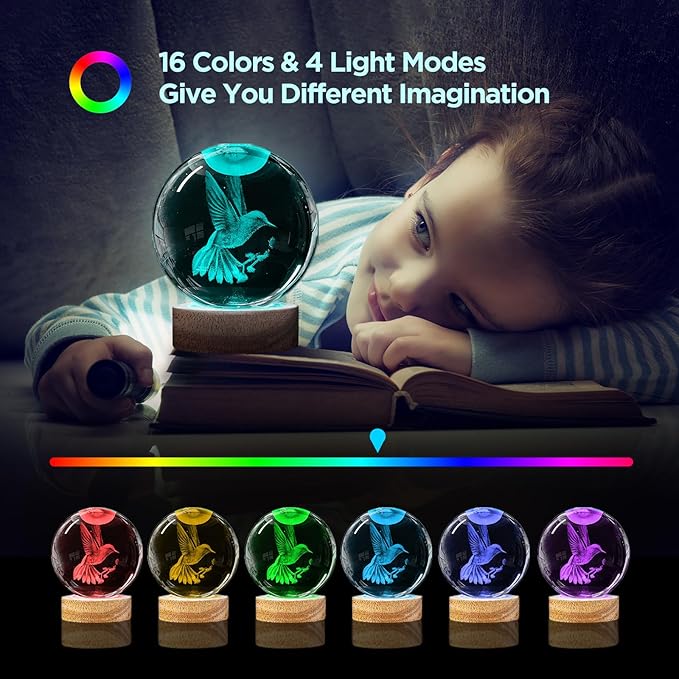 3D Hummingbird Crystal Ball Night Light with Remote Upgraded 3.15 In Hummingbird Figurine Glass Ball Lamp with 16 Color Wooden LED Base Cute Hummingbird Home Decor Gifts for Kids Teens Women