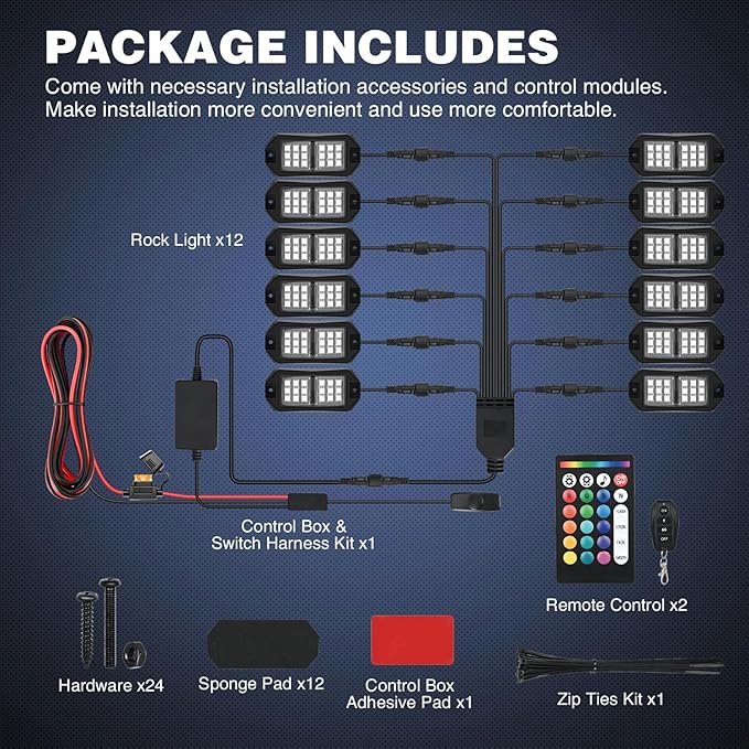 Nilight RGB LED Rock Lights Kit 12 PCS 18LED Wide Angle Wheel Well Light with Remote & Bluetooth App Dual Control Multi Modes Underglow Multicolor Neon Pod for ATV UTV SUV Offroad Truck RZR Boat