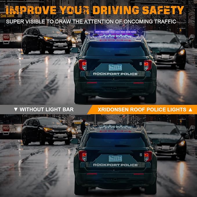 XRIDONSEN 37 Inch 104 LED Roof Top Blue Emergency Lights Magnetic Police Firefighter Safety Lights w/Controller for Vehicles POV Fire Trucks