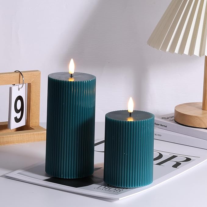 Green Ribbed Flameless Pillar Candles with Remote, 2 Pack Flickering Battery Operated LED Wax Candles Φ 3" H 4" 6"