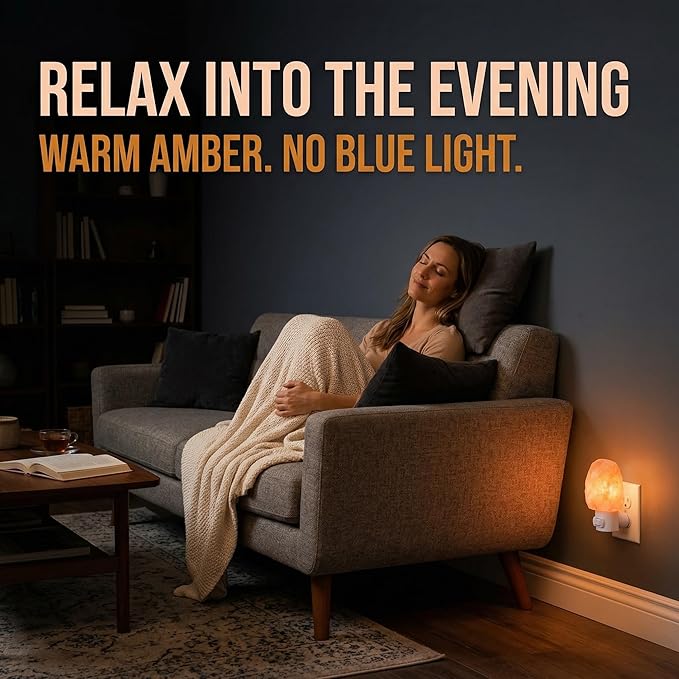 Himalayan Salt Night Light Plug In - Salt Rock Lamp for Bedroom, Bathroom & Hallway | 360 Rotating Plug | Warm Amber Glow | Calming Sleep Light | 2 Bulbs Included | Kids Safe UL Listed | Gift Ready