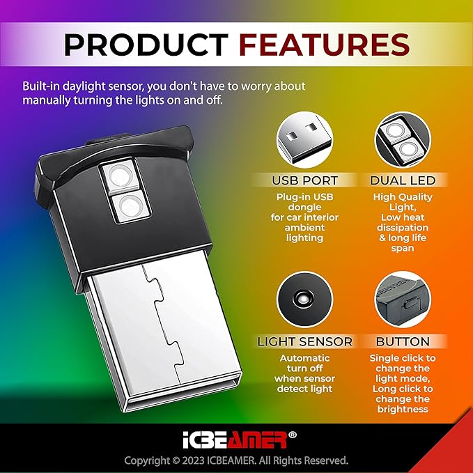 ICBEAMER Smart USB Color: Yellow | Auto LED Interface Plug-in Miniature Night Light LED for Automotive Car, Van, Pickup, Truck, Interior, Trunk, Enhance Mood Lighting.