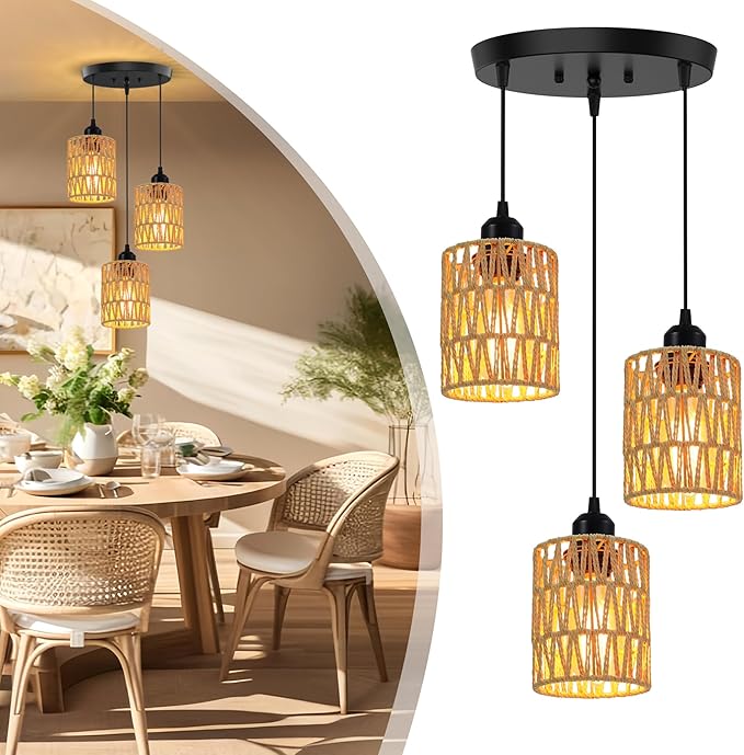 3 Light Pendant Lighting, Farmhouse Hanging Light Fixture for Kitchen Island & Dining Room, Industrial Vintage Ceiling Lamp with E26 Base, Adjustable Height, Rattan Pendant Light