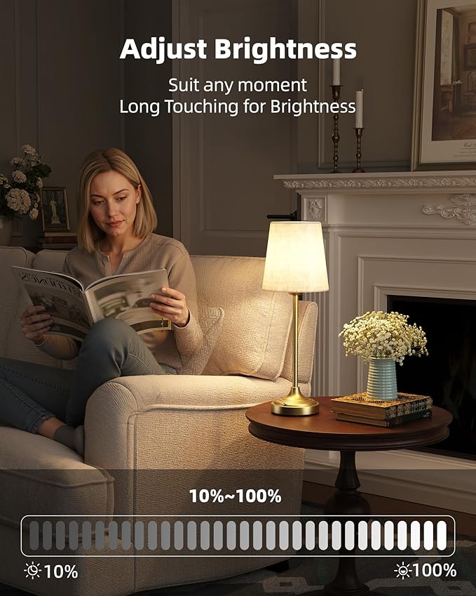 Battery Operated Lamp, 8000mAh, Ambient Light, Touch Control, Dimmable, Portable, 2700K, LED, Wireless, Rechargeable, Battery Operated, Desk Lamp, Kitchen Lamp, Fabric Shade, for Dining Room, Bedroom