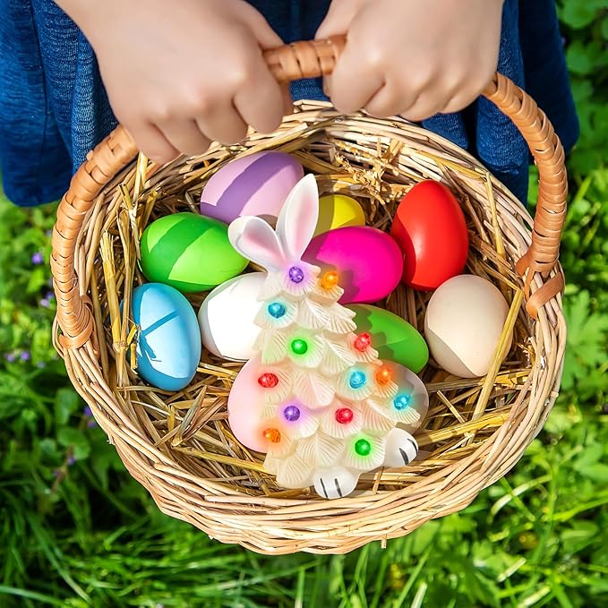 Lighted Easter Bunny Ceramic Tabletop Tree Easter Glowing Easter Bunny Ornaments with Colorful Lamp Beads Resin Rabbit Figurines for Spring Theme Party Basket Stuffers Filler Holiday Decor Gifts