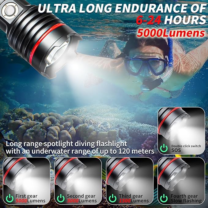 26S 5000 Lumens Dive Light - 5 Modes, 6H Long Runtime Underwater Flashlight, USB-C Rechargeable Diving Torch, IP68 Waterproof 328FT Scuba & Snorkeling Safety Dive Lights for Night Diving