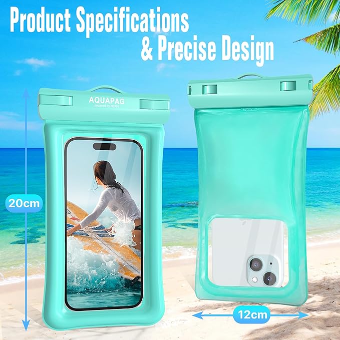 NEPHI IP68 Waterproof Phone Pouch 2 Pack-Up to 8.0"，Adjustable Neck Lanyard Floating Waterproof Phone Case for iPhone,Phone Dry Bags for Vacation Beach Pool Travel Essentials (Aqua Green 4 Pack)