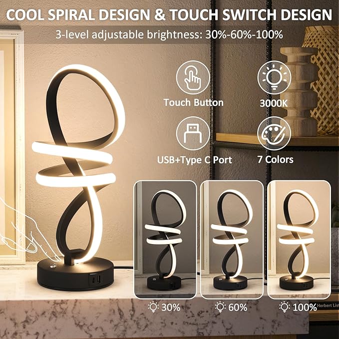 Modern LED Table Lamp, Spiral RGB Table Lamp, Touch Dimmable LED Nightstand Lamp with USB/Type C, 7 Colors & 10 Light Modes Bedside Lamp for Bedroom, Living Room, Cool Lamps for Ideal Gift(2 PACK)