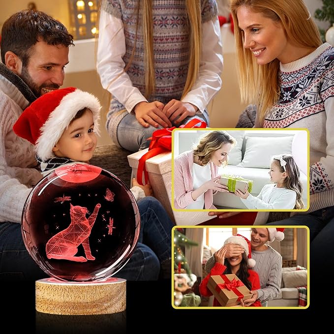 3D Cat Crystal Ball Night Light with Woodern Base, 3.15" Cat Figurines Glass Lamp with 16 Colors Cat Snow Globes Cool Desk Decor Cat Gifts for Women Girl Cat Lovers Kids Friends