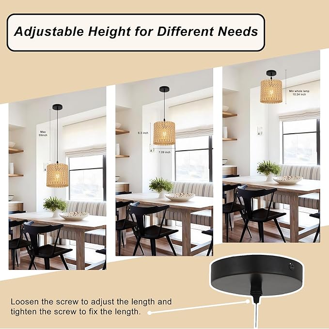Farmhouse Natural Wood Drum Pendant Light, 1-Light Rural Ceiling Hanging Lamp Lighting Fixture with 7" Lampshade, Boho Chandelier for Kitchen Island Hallway Dining Room