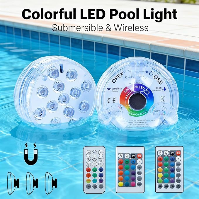 Saker Submersible LED Pool Lights - 13-Bead Underwater Light with 21-Key Remote, Waterproof Color-Changing RGB Lights for Pools, Hot Tubs, Ponds, Spa & Party Décor (2PCS)
