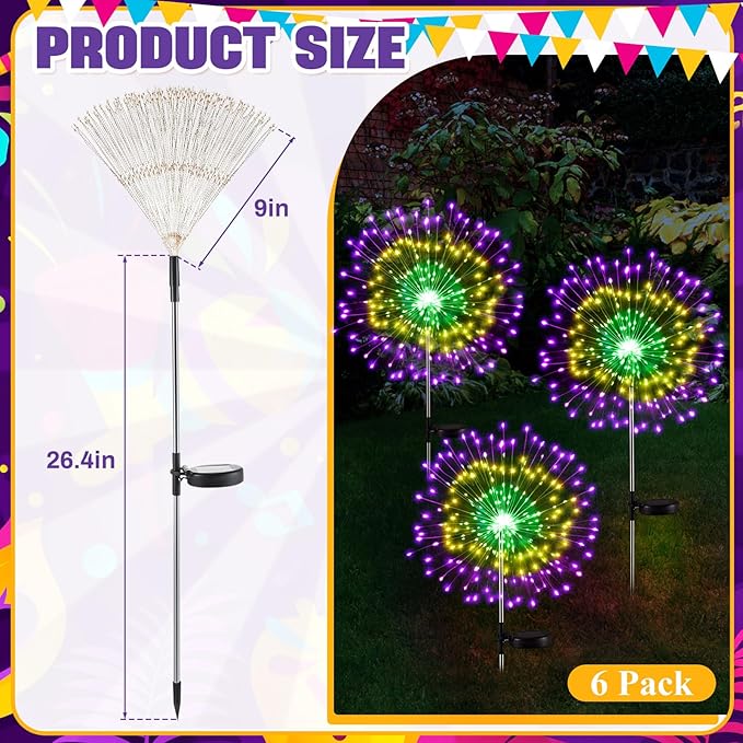 6 Pcs Mardi Gras Solar Firework Lights Solar Lights Outdoor Garden 120 LED 8 Modes Waterproof LED Sparkler Outdoor for Carnival Patio Yard Pathway Walkway (Carnival Color)