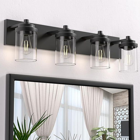 Bathroom Vanity Light Fixture, 4-Light Modern Black Vanity Light Fixtures with Clear Glass Shade, Matte Black Bathroom Light Fixtures Over Mirror, Rustic Restroom Lighting Fixtures