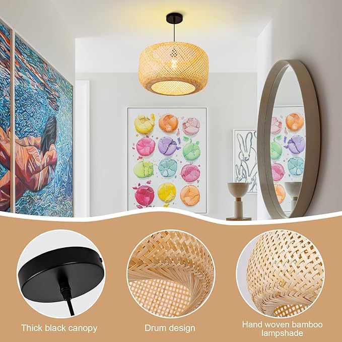 17.72in Bamboo Pendant Light Rattan Wicker Hand Woven Lighting Fixture Boho Coastal Beach Chandelier Hanging Basket Lights for Kitchen Island Dining Room Restaurant Hallway Foyer