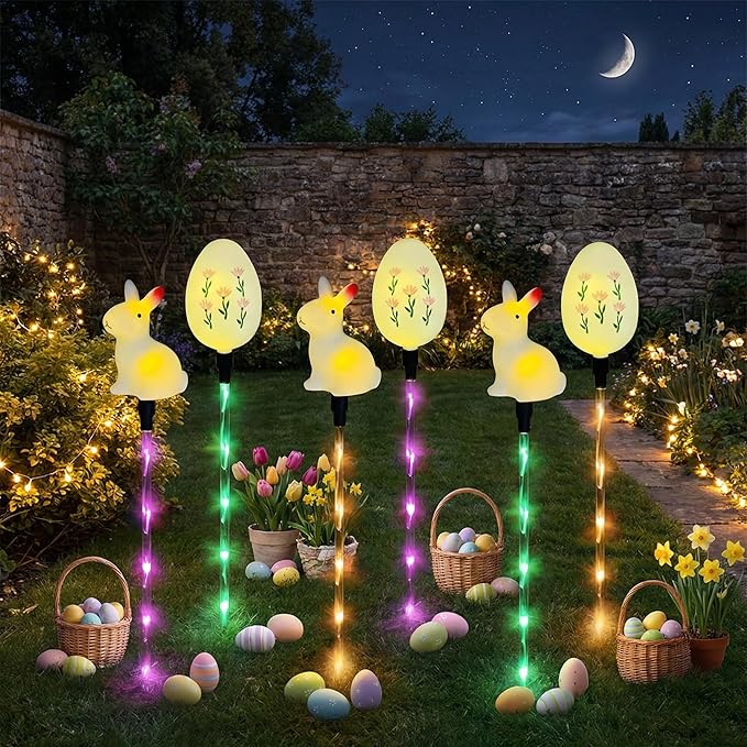 Easter Decorations Solar Pathway Lights, 6pcs Easter Bunny and Egg Lights with 8 Lighting Modes, Outdoor LED Colored Stake Lights for Lawn Yard Porch Patio Decoration (White - Rabbit+Egg)
