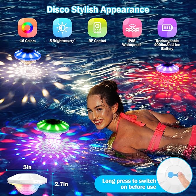 Floating Pool Lights(1 PACK), Upgraded Pool Lights with 6 Dynamic Lighting Effects, Rechargeable 4000mAh IP68 Waterproof Upper and Lower RGB Color Changing Light with Remote for Pond, Hot Tub 1 PACK