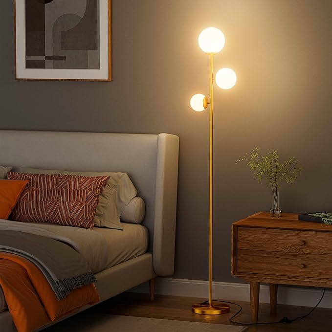 Floor lamp with 3 Frosted Glass Shades,Stangding Lamp Floor Lamps for Living Room Bedroom Office with 3 led Bulbs,Tall lamp with Foot Switch (Gold)