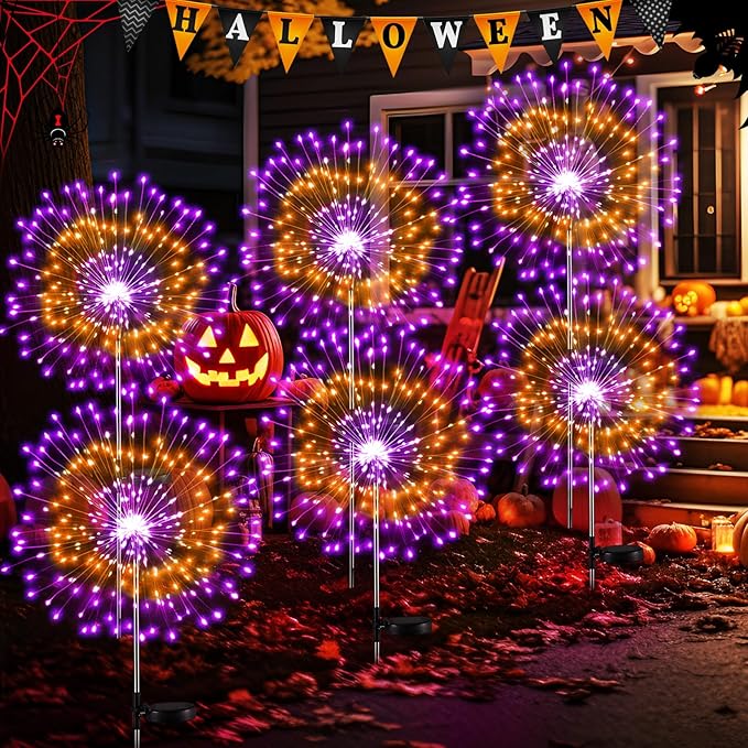 6 Pcs Mardi Gras Solar Firework Lights Solar Lights Outdoor Garden 120 LED 8 Modes Waterproof LED Sparkler Outdoor for Carnival Patio Yard Pathway Walkway (Mixed Colors)