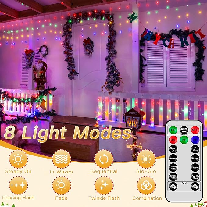 Icicle Lights for Outside, 216LED 24FT Waterproof Christmas Light Outdoor with 8 Modes & Timer, Connectable Christmas Icicle Lights for Eaves House Yard Indoor Outdoor Holiday Decoration(Multicolor)