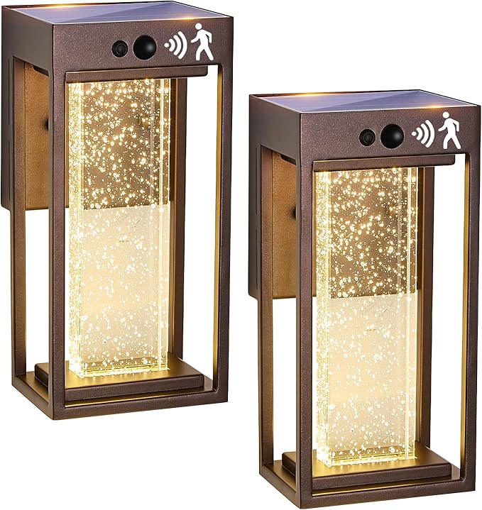 2Pk Oil Rubbed Bronze Solar Outdoor Sconces with 3 Modes Motion Sensor Crystal Exterior Light Fixtures with 4500K 250LM LED Outside Lights for House Waterproof Dusk to Dawn Solar Porch Lights