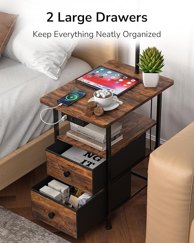 JACKYLED Floor Lamp with Table & 2 Drawers, 3 Color Temperature End Table Flood Lamps with Charging Station (USB, Type-C, AC), Vintage Side Table with Lamp for Reading, Bedroom, Living Room