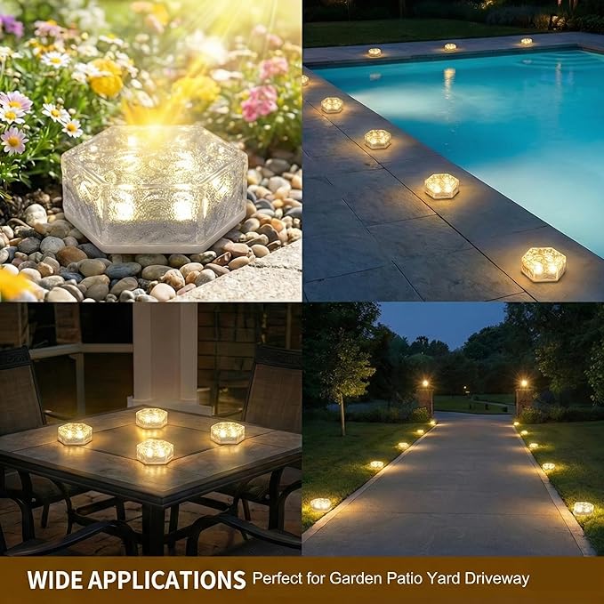 Solar Brick Lights Outdoor Waterproof - Recessed Solar Paver Lights, Ice Brick Design, No Wiring Needed,Landscape Lighting for Pathway,Garden, Patio, Yard, Driveway Decor (6, Warm White, Hexagon)